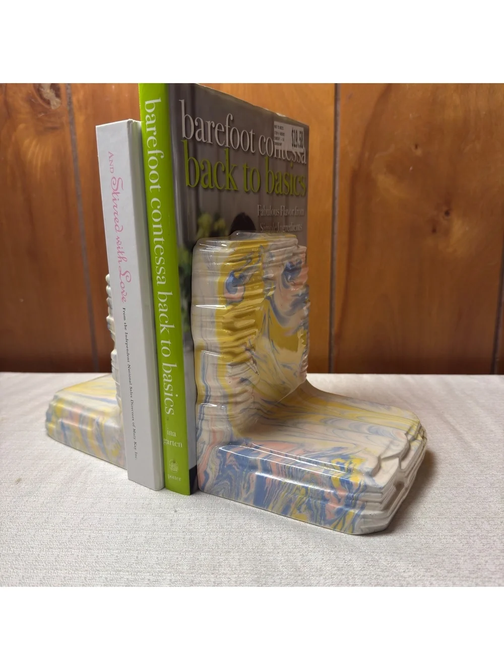Vintage Pastel Marbled Ceramic Bookends Pink Blue Yellow Swirl Set of 2